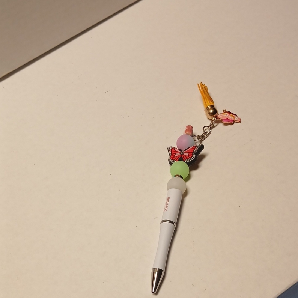 Hand Crafted White Pen with Colorful Charms